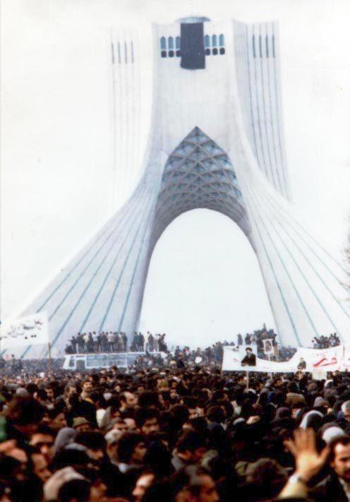 Iranian protesters in front of Azadi Tower during the 1979 Revolution