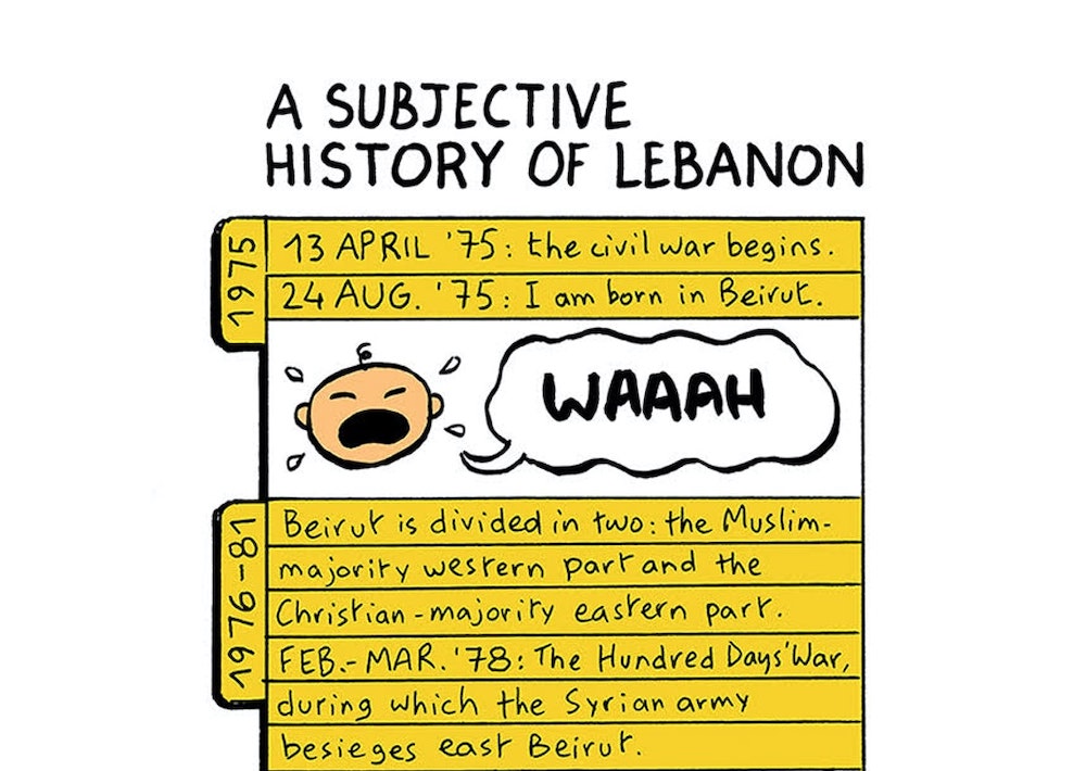Comic panel depicting a lined notebook with history notes on Beirut with a drawing of a baby's head crying in the middle