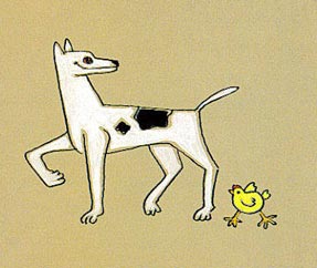 A drawing of a white dog with black spots and a small yellow chick