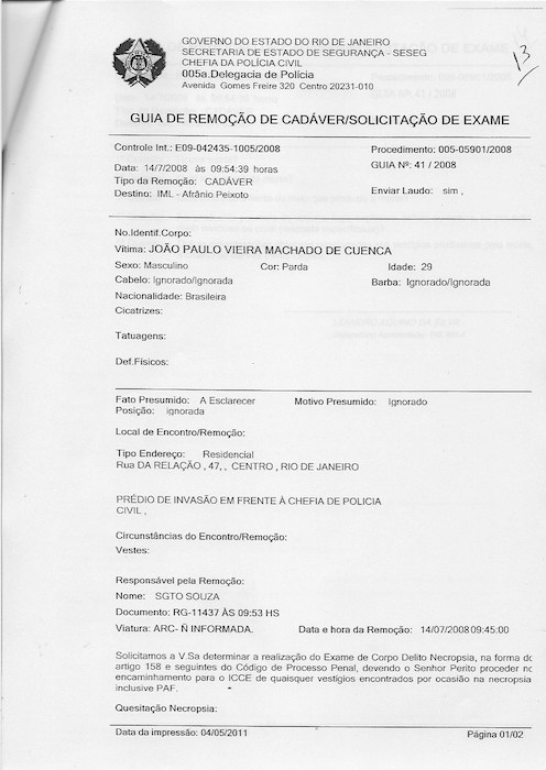 The first page of a police report in Portuguese