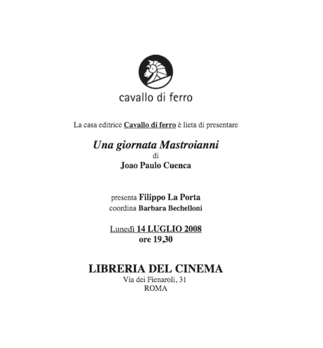 An Italian-language flyer for the launch date of Cuenca's book