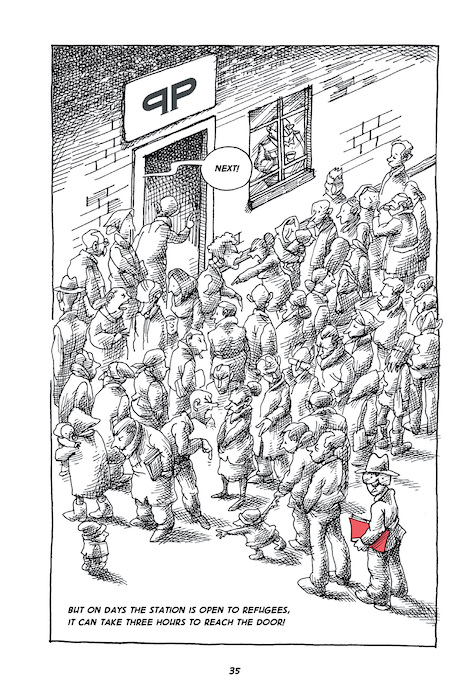 Panel from the comic "A Short Guide to Being the Perfect Political Refugee" The text reads: But on days the station is open to refugees, it can take three hours to reach the door! (A crowd waits; the man in glasses from the first picture is at the very end of the line.) From behind the door, an unseen voice shouts "Next!"