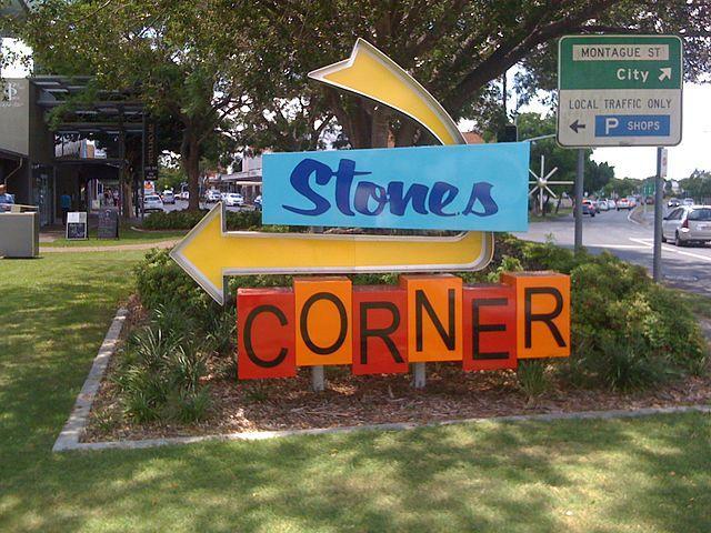 A large sign reading "Stones Corner" in Brisbane