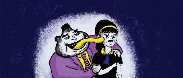 A man with an enormous yellow tongue licks the face of a horrified young woman.