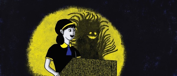 A girl stands at a podium in the spotlight. Her shadow is that of a tentacled monster.