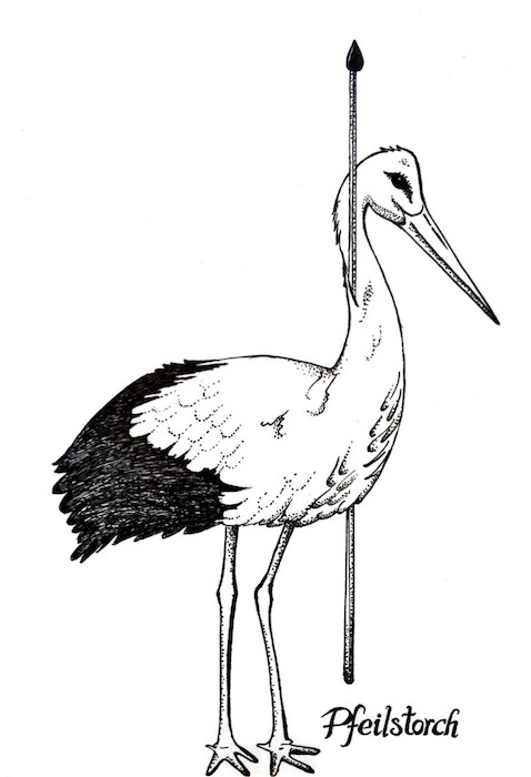 A black and white drawing of a stork with a spear through its neck and the caption "Pfeilstorch"