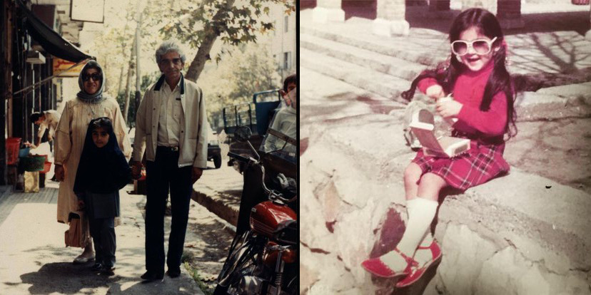 Split photo, on left a family photo on sidewalk of Tehran near a parked motorcycle and at right a photo of little girl entirely in red with knee-high white stockings and checkered skirt