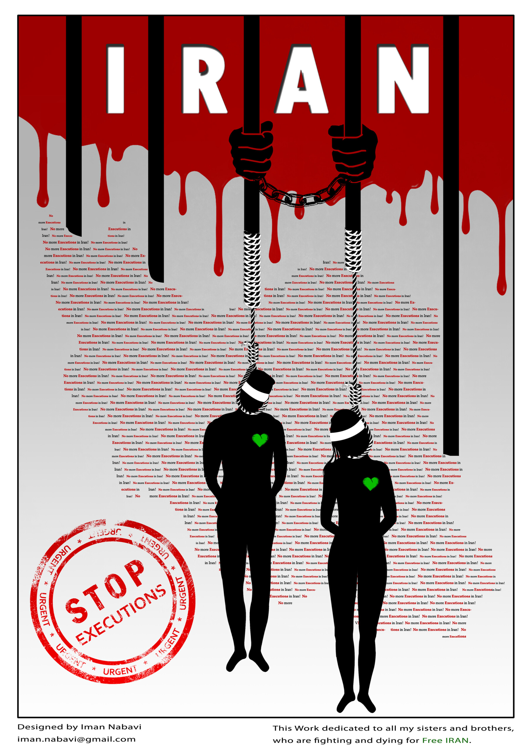 STOP EXECUTIONS poster with the IRAN written in white letters over dripping blood and the outlines of two hanging bodies over the words "No More Executions in Iran!" repeated multiple times