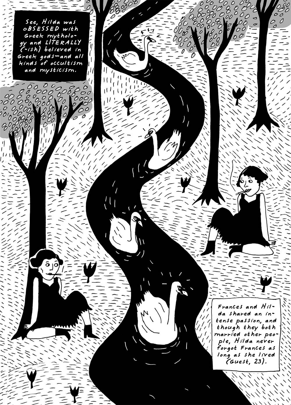 A full-page panel from "The Reddest Rose" depicting two women sitting on the bank of a river with swans reading "See, Hilda was OBSESSED with Greek mythology and LITERALLY (-ish) believed in Greek gods—and all kinds of occultism and mysticism." / "Frances and Hilda shared an intense passion, and though they both married other people, Hilda never forgot Frances as long as she lived (Guest, 23)."