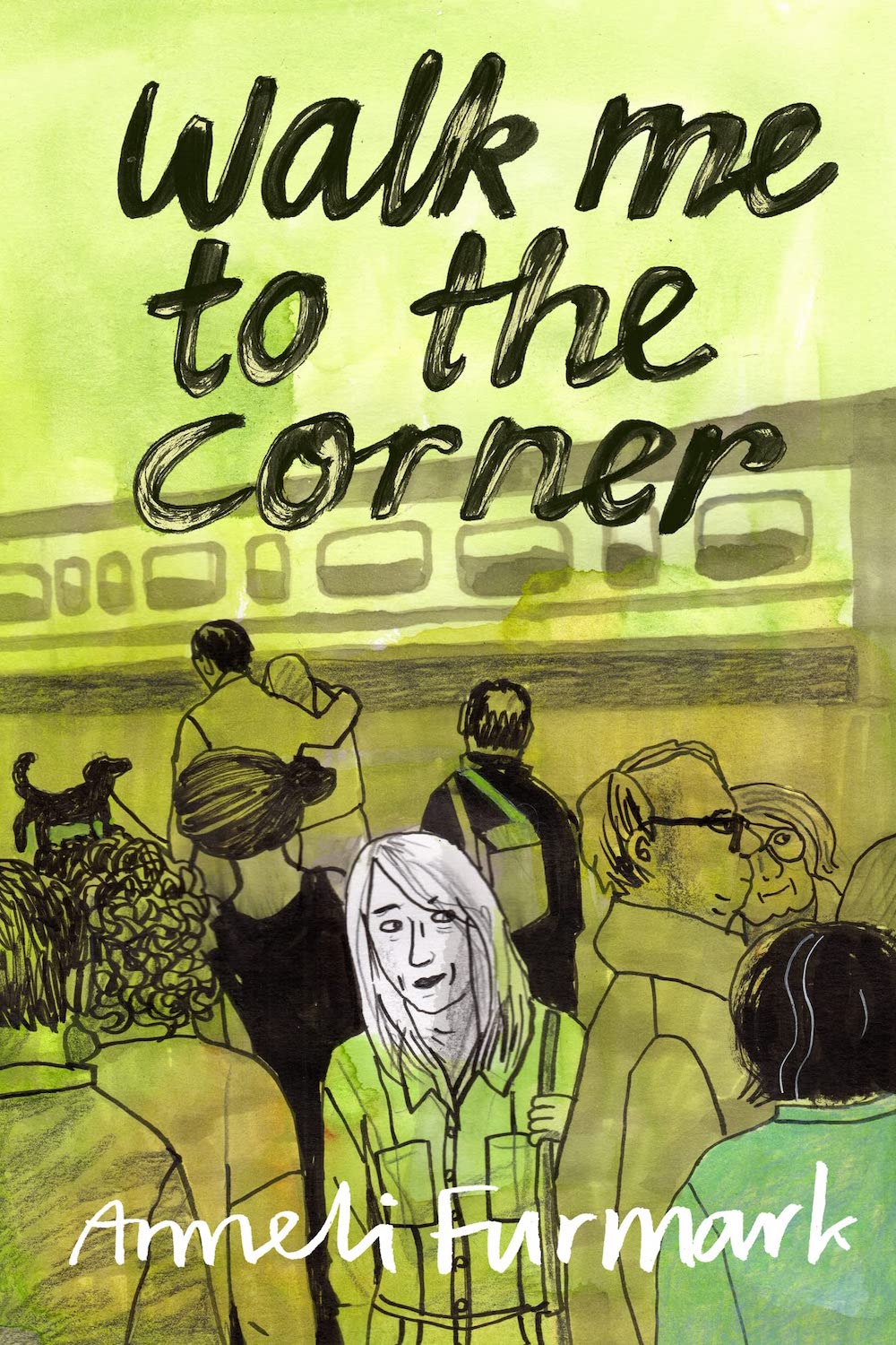 cover of ameli furmark graphic novel walk me to the corner woman's face in light against background in shadow of people meeting others at a train