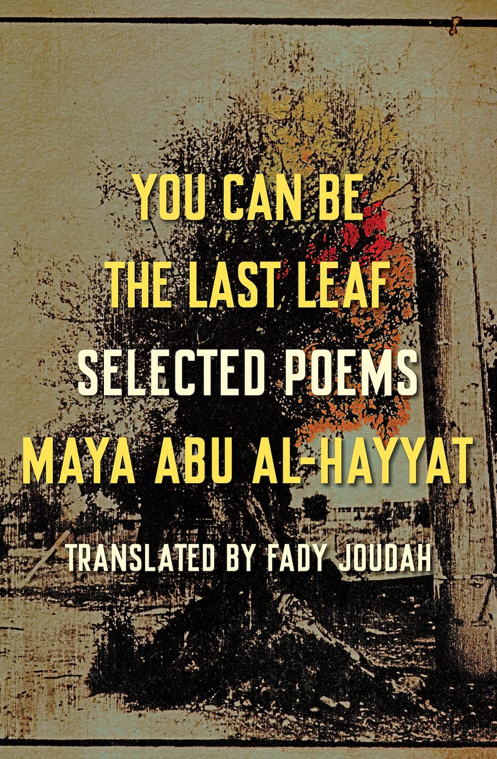 book cover for maya abu al hayyat you can be the last leaf poetry collection title imposed over astract background