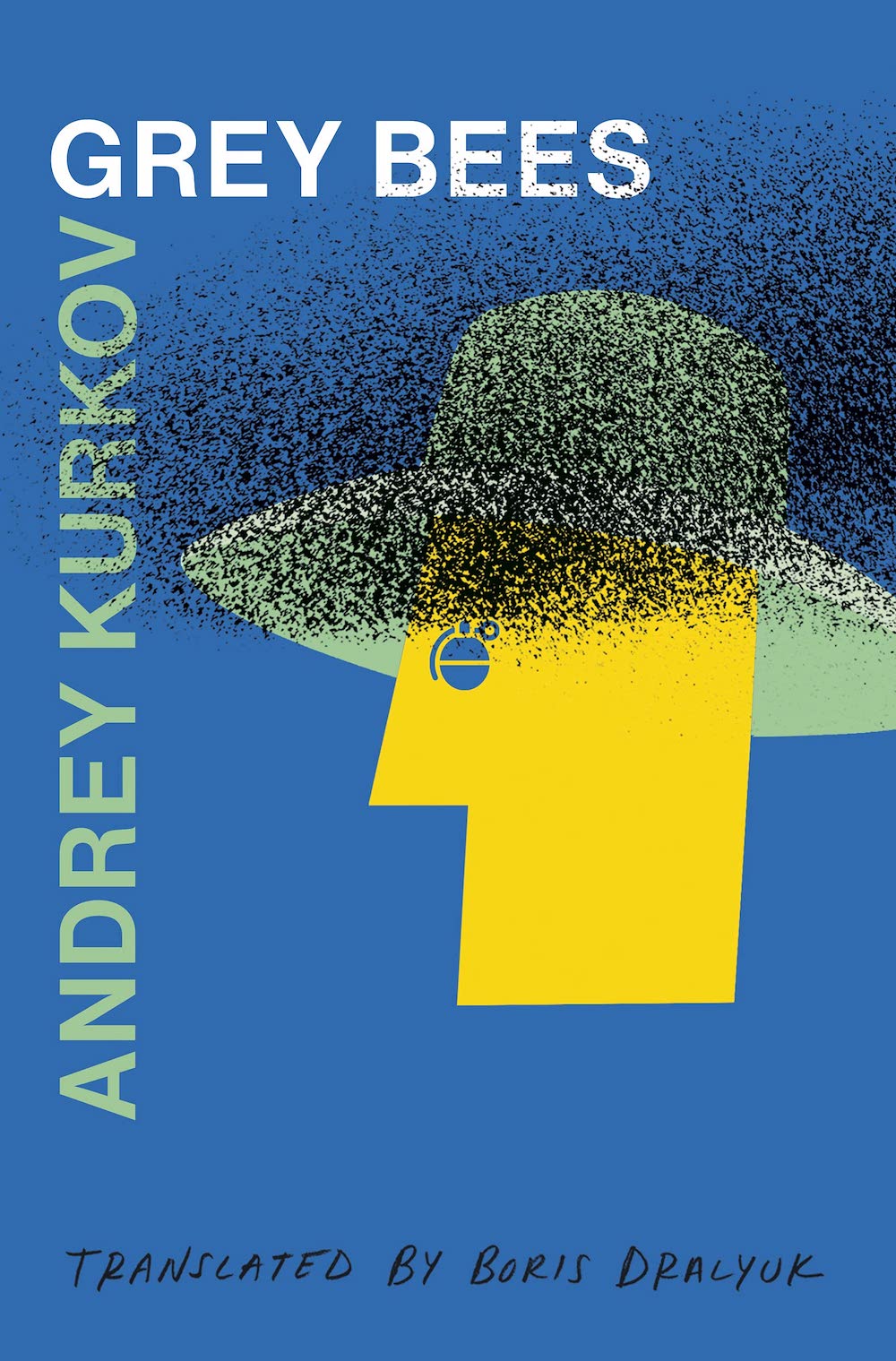 book cover illustratoin of yellow face with ha hat made of a swarm of bees for andrey kurkov's grey bees translated by boris dralyuk