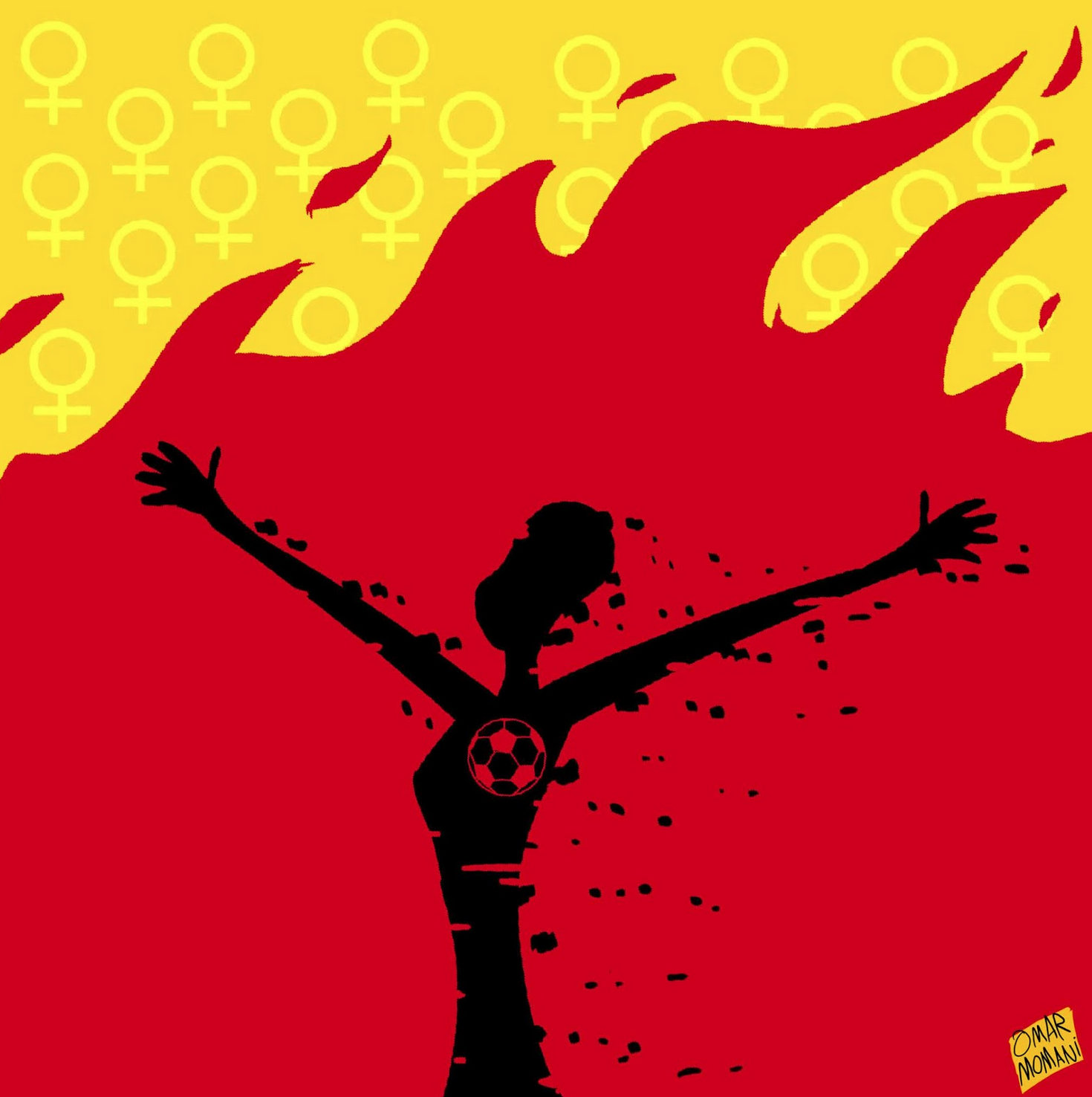 A black silhouette with a soccer ball over the chest over red flames and a yellow background with the female gender symbol