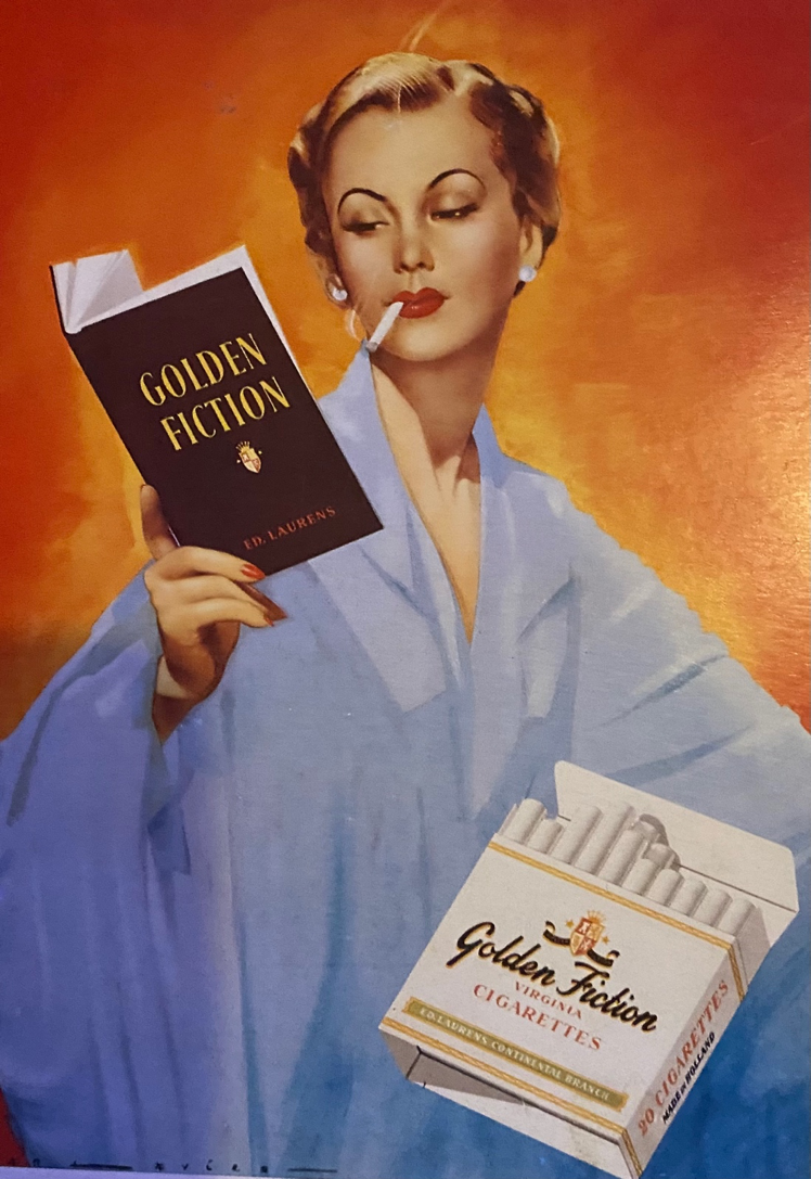 A postcard with a woman smoking a cigarette reading a book titled "Golden Fiction" and a pack of cigarettes with the words "Golden Fiction"