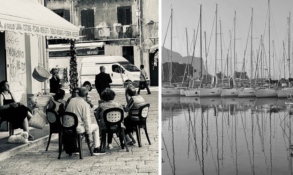 Left, a café scene in Palermo. Right, a view of boats in the harbor.