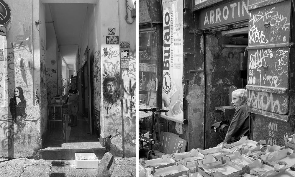 Left, a graffitied doorway in Palermo; right, a man sits in a doorway in Palermo