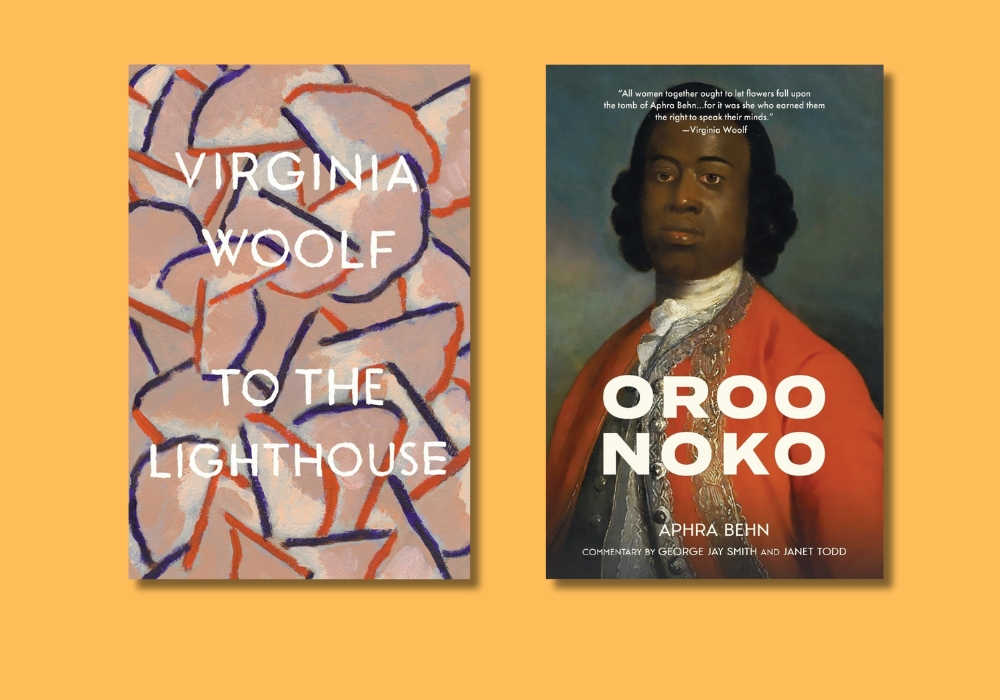 book covers of virginia woolf's to the lighthouse and aphra beh's oroonoko