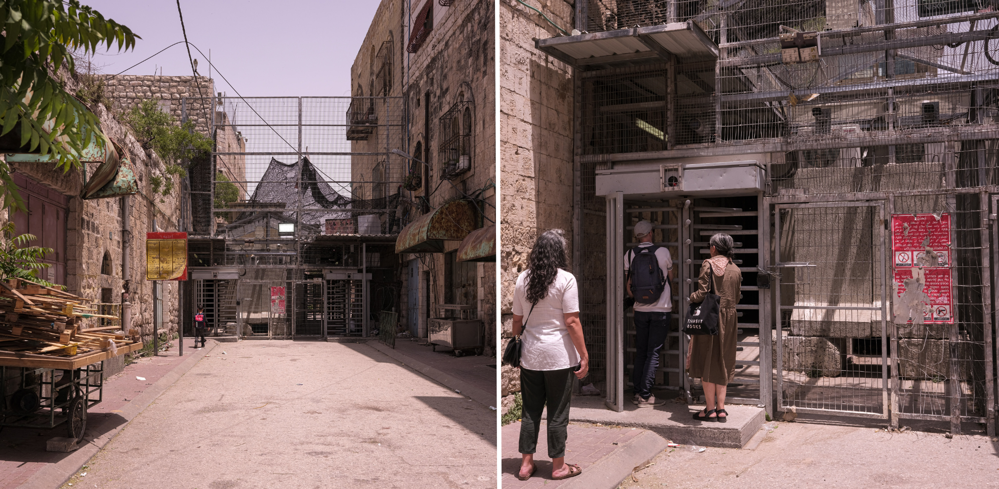Shuhada Street checkpoint in Hebron, where the AI-controlled gun locks on targets remotely and is capable of shooting stun grenades and tear gas.